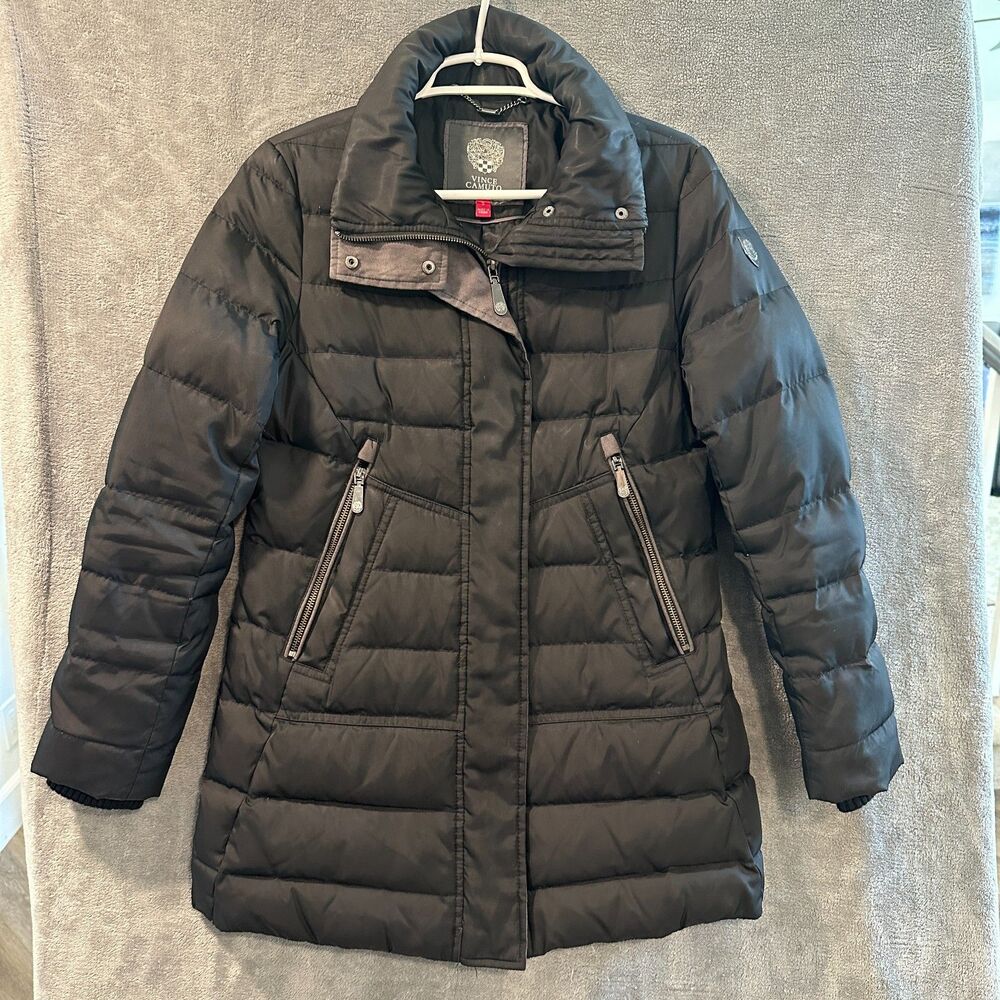 Women Black Duck Down Puffer Coat Mid Length High Collar Jacket Size Small